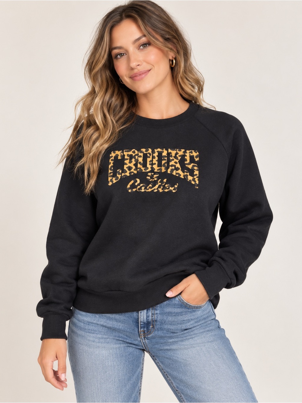 Crooks & Castles Mens Small Black Leopard Print Logo Raglan Crewneck Sweatshirt